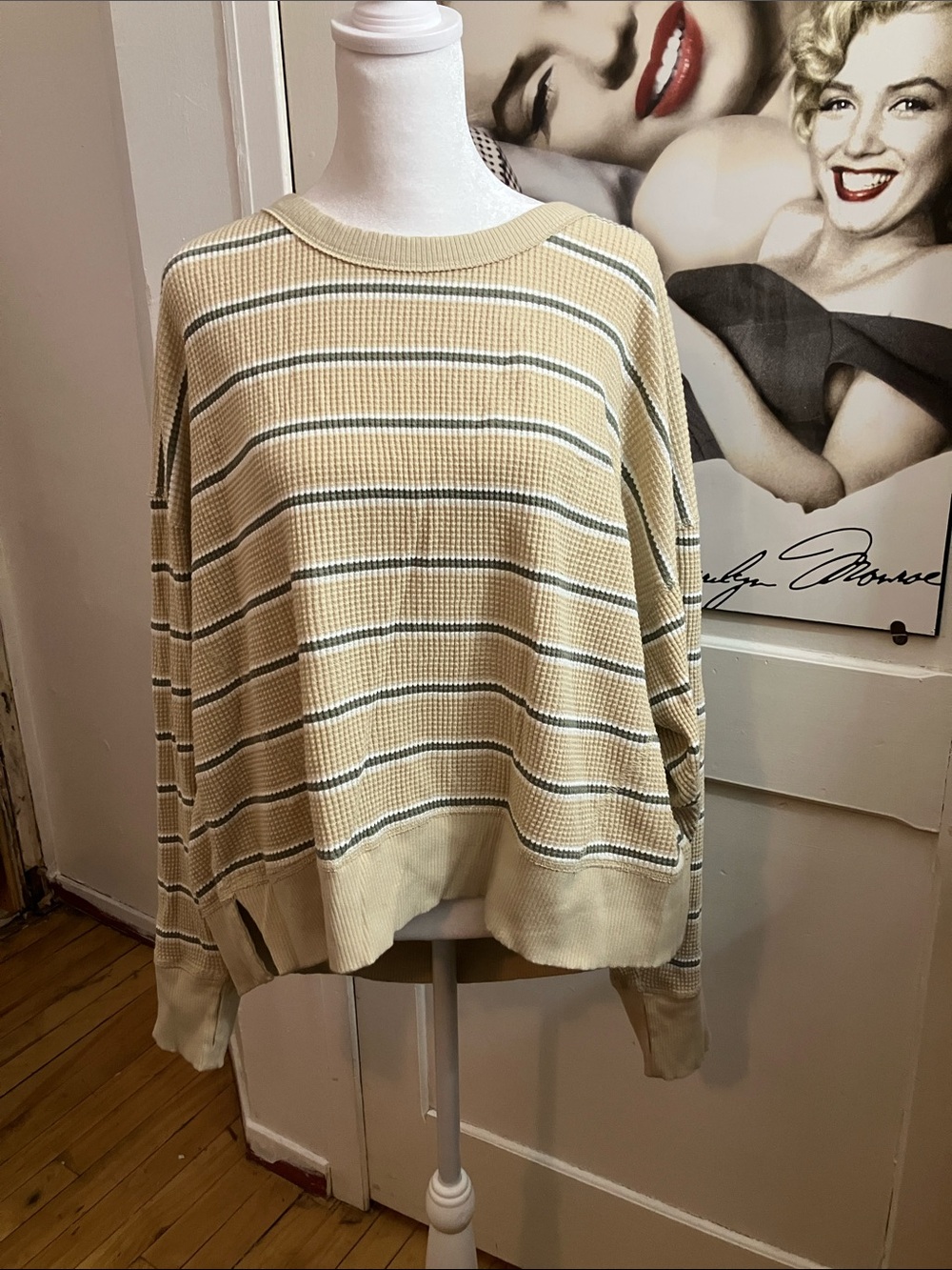 aerie Cream Striped Waffle Knit Crewneck Sweater